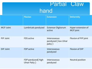 Partial Claw 
Flexion Extension Deformity 
MCP Joint Lumbricals paralyzed Extensor Digitorum 
active 
Hyper extension of 
MCP joint 
PIP Joint FDS active Interosseous 
paralyzed ( low Ulnar 
palsy ) 
Flexion of PIP joint 
DIP Joint FDP active Interosseous 
paralyzed 
Flexion of DIP 
FDP paralyzed( high 
Ulnar Palsy ) 
Interosseous 
paralyzed 
Neutral position 
hand 
 