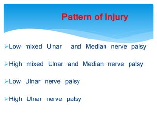 Pattern of Injury 
Low mixed Ulnar and Median nerve palsy 
High mixed Ulnar and Median nerve palsy 
Low Ulnar nerve palsy 
High Ulnar nerve palsy 
 