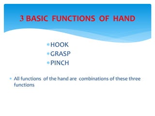 3 BASIC FUNCTIONS OF HAND 
HOOK 
GRASP 
PINCH 
 All functions of the hand are combinations of these three 
functions 
 