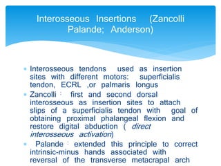 Interosseous Insertions (Zancolli 
Palande; Anderson) 
 Interosseous tendons used as insertion 
sites with different motors: superficialis 
tendon, ECRL ,or palmaris longus 
 Zancolli : first and second dorsal 
interosseous as insertion sites to attach 
slips of a superficialis tendon with goal of 
obtaining proximal phalangeal flexion and 
restore digital abduction ( direct 
interosseous activation ) 
 Palande : extended this principle to correct 
intrinsic-minus hands associated with 
reversal of the transverse metacrapal arch 
 