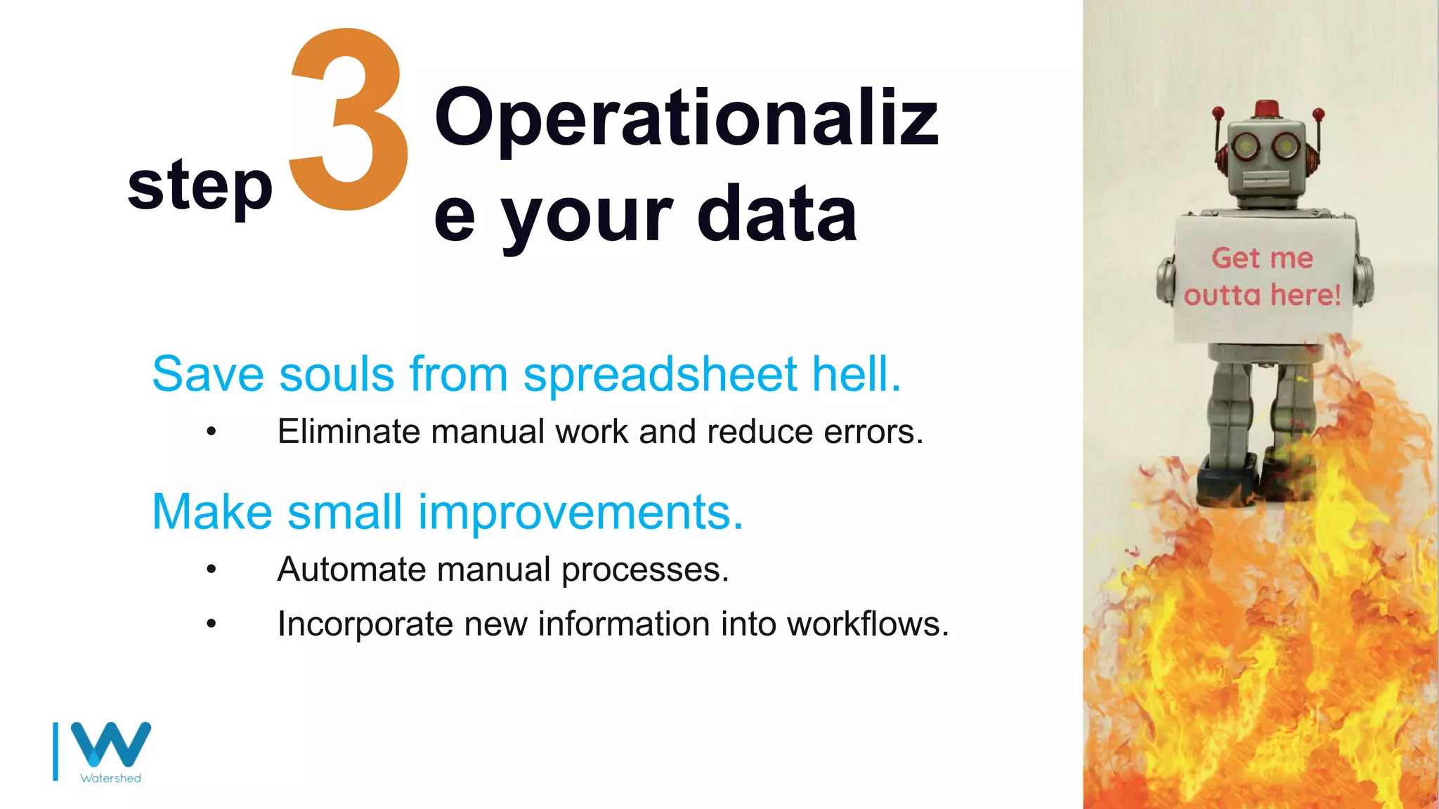 Operationaliz
e your data
Save souls from spreadsheet hell.
• Eliminate manual work and reduce errors.
step
Make small improvements.
• Automate manual processes.
• Incorporate new information into workflows.
 