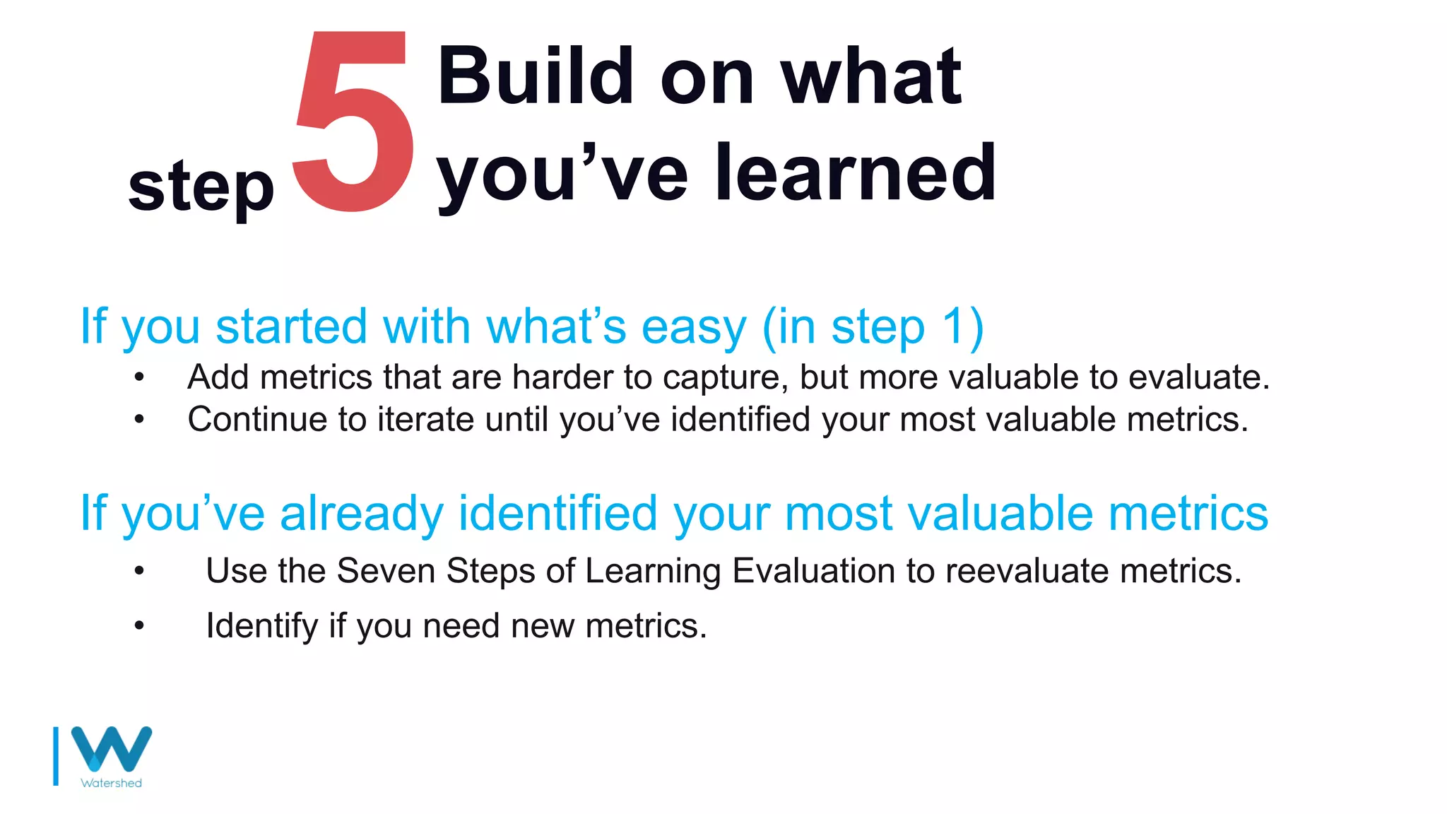 Build on what
you’ve learnedstep
If you started with what’s easy (in step 1)
• Add metrics that are harder to capture, but more valuable to evaluate.
• Continue to iterate until you’ve identified your most valuable metrics.
If you’ve already identified your most valuable metrics
• Use the Seven Steps of Learning Evaluation to reevaluate metrics.
• Identify if you need new metrics.
 