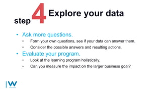 Explore your data
• Ask more questions.
• Form your own questions, see if your data can answer them.
• Consider the possible answers and resulting actions.
• Evaluate your program.
• Look at the learning program holistically.
• Can you measure the impact on the larger business goal?
step
 