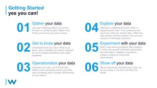 Getting Started
yes you can!
01
Gather your data
Just start collecting data in a common
format in a central location. Make it low
friction and ensure you have access.
04
Explore your data
Starting to understand not just “what” is
happening but “why.” Form questions and
see if your data can answer them. Often the
best answer another question. Can you see
impacts on the larger business?
02
Get to know your data
Understand what you have. What is out
there, what is reliable and what is missing?
Do some simple evaluations and create
baselines.
05
Experiment with your data
Start a new learning program with analytics
in mind. Set up well controlled experiments
and A/B tests to validate a hypothesis.
Create a culture of continuous
improvement.
03
Operationalize your data
Automate your way out of “Excel hell.”
Define some interesting metrics and KPIs,
start monitoring them routinely. What trends
do you notice?
06
Show off your data
We’ve long known that learning is vital, not
we can probe it. Go forth and show the
world!
 