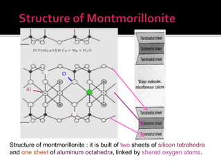 Structure of montmorillonite : it is built of two sheets of silicon tetrahedra
and one sheet of aluminum octahedra, linked by shared oxygen atoms.
Al
O
 