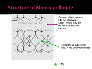 Isomorphous substitution
here, in the octahedral sheet
Causes cations to move
into the interlayer
space, where they can
be replaced by other
cations
= Mg
 