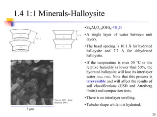 20
1.4 1:1 Minerals-Halloysite
• Si4Al4O10(OH)8·4H2O
• A single layer of water between unit
layers.
• The basal spacing is 10.1 Å for hydrated
halloysite and 7.2 Å for dehydrated
halloysite.
• If the temperature is over 50 °C or the
relative humidity is lower than 50%, the
hydrated halloysite will lose its interlayer
water (Irfan, 1966). Note that this process is
irreversible and will affect the results of
soil classifications (GSD and Atterberg
limits) and compaction tests.
• There is no interlayer swelling.
• Tubular shape while it is hydrated.
Trovey, 1971 ( from
Mitchell, 1993)
2 m
 