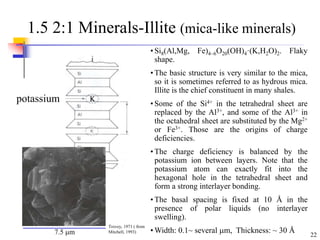 22
1.5 2:1 Minerals-Illite (mica-like minerals)
potassium
• Si8(Al,Mg, Fe)4~6O20(OH)4·(K,H2O)2. Flaky
shape.
• The basic structure is very similar to the mica,
so it is sometimes referred to as hydrous mica.
Illite is the chief constituent in many shales.
• Some of the Si4+ in the tetrahedral sheet are
replaced by the Al3+, and some of the Al3+ in
the octahedral sheet are substituted by the Mg2+
or Fe3+. Those are the origins of charge
deficiencies.
• The charge deficiency is balanced by the
potassium ion between layers. Note that the
potassium atom can exactly fit into the
hexagonal hole in the tetrahedral sheet and
form a strong interlayer bonding.
• The basal spacing is fixed at 10 Å in the
presence of polar liquids (no interlayer
swelling).
• Width: 0.1~ several m, Thickness: ~ 30 Å
7.5 m
Trovey, 1971 ( from
Mitchell, 1993)
K
 