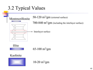 40
3.2 Typical Values
Montmorillonite
Illite
Kaolinite
50-120 m2/gm (external surface)
700-840 m2/gm (including the interlayer surface)
65-100 m2/gm
10-20 m2/gm
Interlayer surface
 