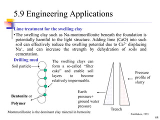 68
5.9 Engineering Applications
Lime treatment for the swelling clay
•The swelling clay such as Na-montmorillonite beneath the foundation is
potentially harmful to the light structure. Adding lime (CaO) into such
soil can effectively reduce the swelling potential due to Ca2+ displacing
Na+, and can increase the strength by dehydration of soils and
cementation.
Drilling mud
Soil particle
The swelling clays can
form a so-called “filter
cake” and enable soil
layers to become
relatively impermeable.
Earth
pressure+
ground water
pressure
Pressure
profile of
slurry
Trench
Bentonite or
Polymer
Montmorillonite is the dominant clay mineral in bentonite
Xanthakos, 1991
 