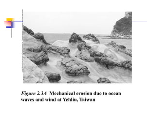 (c)2001
Brooks/Cole,
a
division
of
Thomson
Learning,
Inc.
Thomson
Learning
™
is
a
trademark
used
herein
under
license.
Figure 2.3A Mechanical erosion due to ocean
waves and wind at Yehliu, Taiwan
 