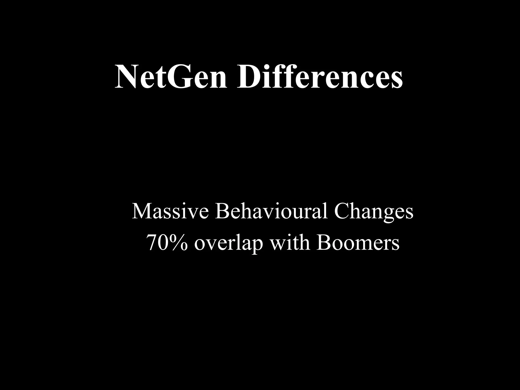 NetGen Differences Massive Behavioural Changes 70% overlap with Boomers 
