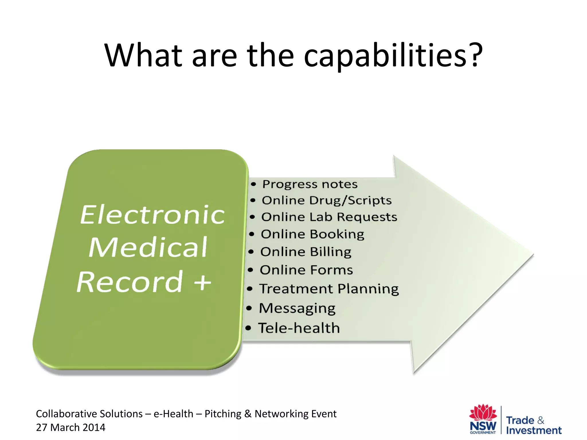 Collaborative Solutions – e-Health – Pitching & Networking Event
27 March 2014
What are the capabilities?
 