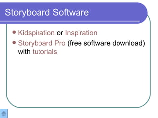 Storyboard Software Kidspiration  or  Inspiration   Storyboard Pro  (free software download) with  tutorials 