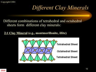 Different Clay Minerals Different combinations of tetrahedral and octahedral sheets form  different clay minerals:  2:1 Clay Mineral  (e.g., montmorillonite, illite) 