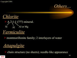Others… A 2:1:1 (???) mineral. montmorillonite family; 2 interlayers of water chain structure (no sheets); needle-like appearance Chlorite Vermiculite Attapulgite Si Al Al or Mg 