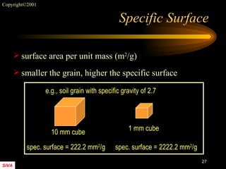 Specific Surface surface area per unit mass (m 2 /g) smaller the grain, higher the specific surface e.g., soil grain with specific gravity of 2.7 spec. surface = 222.2 mm 2 /g spec. surface = 2222.2 mm 2 /g 10 mm cube 1 mm cube 