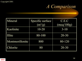 A Comparison 20-30 80 Chlorite 80-120 800 Montmorillonite 20-30 80-100 Illite 3-10 10-20 Kaolinite C.E.C (meq/100g) Specific surface (m 2 /g) Mineral 