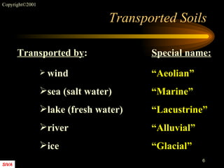 Transported Soils Transported by : Special name: wind “Aeolian” sea (salt water) “Marine” lake (fresh water) “Lacustrine” river  “Alluvial” ice “Glacial” 
