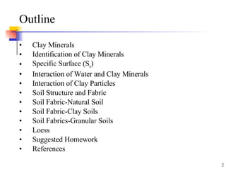 Outline Clay Minerals Identification of Clay Minerals Specific Surface (S s ) Interaction of Water and Clay Minerals Interaction of Clay Particles Soil Structure and Fabric Soil Fabric-Natural Soil Soil Fabric-Clay Soils Soil Fabrics-Granular Soils Loess Suggested Homework References 