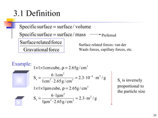 3.1 Definition Example: Surface related forces: van der Waals forces, capillary forces, etc. S s  is inversely proportional to the particle size Preferred 