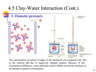 4.5 Clay-Water Interaction (Cont.) The concentration of cations is higher in the interlayers (A) compared with  that in the solution (B) due to negatively charged surfaces. Because of this  concentration difference, water molecules tend to diffuse toward the interlayer in an attempt to equalize concentration. 3. Osmotic pressure From Oxtoby et al., 1994 A B 