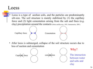 Loess Loess is a type of  aeolian soils, and the particles are predominantly silt-size. The soil structure is mainly stabilized by (1) the capillary force and (2) light cementation arising from the salt and fines (e.g. clay) precipitation around the contacts  (Holtz and Kovacs, 1981; Santamarina, 2001). After loess is submerged, collapse of the soil structure occurs due to loss of suction and cementation Why? The interaction between water and salts and clay Capillary force Cementation Capillary force cementation 