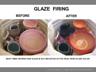 © SCOTT SHAKESPEARE | LA SIERRA UNIVERSITY ART+DESIGN DEPARTMENT
BEFORE AFTER
GLAZE FIRING
MOST TIMES UNFIRED RAW GLAZE IS NOT INDICATIVE OF THE FINAL FIRED GLAZE COLOR.
 