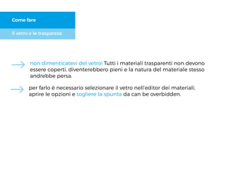 Il vetro e le traspareze
Come fare
non dimenticatevi del vetro! Tutti i materiali trasparenti non devono
essere coperti, diventerebbero pieni e la natura del materiale stesso
andrebbe persa.
per farlo è necessario selezionare il vetro nell’editor dei materiali,
aprire le opzioni e togliere la spunta da can be overbidden.
 