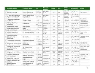 5 
I Scientific Name Common Name Size Flower/ season Light** Soil Water Zone+ Availability Notes 
X 
Baccharis emoryi 
Emory Baccharis 
6-12 ft T 
to 10 ft W 
Buff-Wht/ Su-F 
FS/PS 
any 
1 to 1-2 
Winter flooding 
1, 7, 10, 13, 14, 16 
Salt tolerant 
X 
** Baccharis pilularis ‘Pigeon Point Dwarf’ 
Dwarf Pigeon Point Coyote Bush 
6-12 ft T 
to 10 ft W 
Buff-Wht/ Su-F 
FS/PS 
any 
1 to 1-2 
Winter flooding 
1, 3, 5, 8, 10, 13, 14, 16, 20, 24 
X 
* Berberis (Mahonia) aquifolium 
Oregon Grape 
< 6 ft 
Yellow/Sp 
PS 
any 
2-3 to 3 
1, 7, 9, 13, 14 
Incl. ‘Golden Abundance’, ‘Ken Hartman’ 
* Chrysothamnus nauseosus 
Rabbitbush 
2-5 ft tall & wide 
Yellow/Su-F 
FS 
any 
1-2 to 2-3 
7, 10, 13, 16 
Insect-eaters 
X 
Dendromecon rigida 
Bush Poppy 
4-8 ft tall 
4-6 ft wide 
Yellow/ 
Sp-Su 
FS 
Well- drained 
1 to 1-2 
3, 7, 10, 13, 14, 16 
Keep clay soils quite dry 
X 
Diplacus aurantiacus ssp. aurantiacus 
Bush Monkeyflower 
2-3 ft 
Orange/ 
W-Sp 
FS/PS 
Sandy 
1-2 
1, 3, 5, 10, 12, 13, 14, 16, 
X 
Encelia californica 
CA Bush Sunflower 
2-5 ft 
Yellow/ 
W-Sp 
FS/PS 
Any well- drained 
1 to 1-2 
1, 2, 3, 7, 8, 10, 13, 14, 16, 19 
Good winter color 
X 
Epilobium canum (Zauschneria californica) 
CA Fuschia 
1-3 ft 
Orange/F 
FS/PS 
any 
1-2 to 2-3 
1, 3, 9, 12, 13, 14, 19 
Tolerates winter flooding 
X 
* Eriogonum crocatum 
Conejo Buckwheat 
1 ft tall 
1-3 ft wide 
Yellow/Sp- Su 
FS/PS 
any 
1 to 1-2 
1, 3, 8, 12, 14, 19 
X 
Eriogonum fasciculatum 
California Buckwheat 
1-3 ft tall 
3-6 ft wide 
Pink/Sp-F 
FS/PS 
Any well- drained 
1 to 1-2 
1, 2, 3, 7, 10, 13, 14, 16, 18, 19 
'Dana Point' tight, compact; ‘Bruce Dickinson’ - prostrate 
X 
Eriogonum giganteum vars. formosum, giganteum 
St. Catherine’s Lace 
3-6 ft 
Pink-white/ 
Su 
FS/PS 
Any well- drained 
1 to 1-2 
1, 3, 5, 8, 9, 13, 14, 16, 19 
Don’t plant near native buckwheats 
X 
Eriogonum parvifolium 
Coastal Buckwheat 
2-4 ft 
Pink-creme/ 
Su + 
FS/PS/ 
FSH 
Any well- drained 
1 to 1-2 
1, 2, 3, 10, 13, 14, 16 
X 
Grindelia camporum var. bracteosa 
Bracted Gumplant 
2-4 ft tall 
2-3 ft wide 
Yellow/Su 
Fs 
Well- drained 
1 to 1-2 
1, 2, 6, 12, 16 
Tolerates salty, alkali soils 
X 
Lepechinia fragrans 
Fragrant Pitcher Sage 
3-6 ft tall & wide 
Lavender/Sp 
FS/PS 
any 
1 to 1-2 
1, 3, 8, 12, 13, 14 
‘El Tigre’ 
X 
Lupinus albifrons var. albifrons 
Silver Bush Lupine 
3-4 ft tall & wide 
Purple/Sp 
FS/PS 
Well- drained 
1-2 
1, 3, 7, 8, 10, 13, 16, 19 ? var 
X 
Malacothamnus clementinus 
San Clemente Is. Bush Mallow 
2-4 ft tall 
to 8 ft wide 
Light pink/ Sp 
FS 
Any 
1 to 1-2 
1, 13 
 