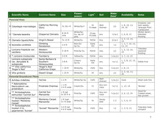 7 
I Scientific Name Common Name Size Flower/ season Light** Soil Water Zone+ Availability Notes Perennial Vines 
X 
Calystegia macrostegia 
California Morning 
Glory 
To 30+ ft 
White/Sp-F 
PS 
FS coastal 
Well- drained 
2-3 
1, 8, 10, 13, 14, 16 
Invasive; can look weedy; ‘Anacapa Pink’; ‘Candycane’ 
X 
* Clematis lasiantha 
Chaparral Clematis 
8-20 ft vine 
White/Sp- Su; sep. m/f plants 
FS (top) 
PS (roots) 
any 
1-2 to 2 
1, 6, 8, 13 
Winter decid.; tolerates flooding 
X 
Clematis ligusticifolia 
Virgin’s Bower 
To 15 ft 
White/Su 
PS/FSH 
Any 
2-3 to 3 
3, 5, 13, 14, 19 
X 
Keckiella cordifolia 
Climbing Penstemon 
3-4 ft 
Red-Or/ 
Sp-Su 
PS/PS/ 
FSH 
any 
1-2 
1, 3, 7, 10, 12, 13, 14 
X 
Lonicera hispidula var. vacillans 
Western Honeysuckle 
5-18 ft 
Pink/Sp-Su 
PS/FSH 
clay 
2-3 
1, 5, 13, 14, 19 
Tolerates seasonal flooding 
X 
* Lonicera involucrata 
Twinberry 
3-5 ft 
Yellow/Su 
PS/FSH 
any 
1-2 to 2-3 
3, 7, 13, 19 
X 
Lonicera subspicata var. denudate & subspicata 
Santa Barbara & Southern Honeysuckles 
3-8 ft 
Cream/ 
Sp-Su 
PS/PS/ 
FSH 
any 
1 to 1-2 
1, 3, 8, 12, 13, 14 
Edible fruit 
X 
** Vitis californica ‘Roger’s Red’ 
‘Roger’s Red’ California Grape 
> 20 ft 
White/Sp 
FS/PS 
Any 
1-2 to 2-3 
1, 8, 13 
X 
Vitis girdiana 
Desert Grape 
> 25 ft 
White/Su 
PS 
any 
2-3 
2, 3, 10, 13, 20 
Perennial Groundcover Plants 
X 
Achillea millefolia 
Yarrow 
1-2 ft 
White/Sp-Su 
FS/PS 
Well- drained 
1-2 to 2-3 
most 
Alkali soils fine 
* Adenostema fasciculatum var. prostratum 
Prostrate Chamise 
< 2 ft 
3-4 ft wide 
Cream/Su 
FS 
Any incl. clays 
1 to 1-2 
1, 13, 14 
‘Nicolas’ 
X 
** Arctostaphylos edmundsii ‘Carmel Sur’ 
Carmel Sur Manzanita 
1 ft tall 
to 20 ft w 
Pink/Sp 
FS/PS 
Any incl. clays 
1-2 to 2-3 
3, 6, 13, 19 
Good for Coastal areas; fast growth 
** Arctostaphylos hookeri ‘Monterey Carpet’ 
Monterey Carpet Manzanita 
1 ft high 
5+ ft wide 
White/Sp 
PS 
Sandy best 
1-2 
1, 3, 6, 13 
** Arctostaphylos hookeri X A. pajaroensis ‘Sunset’ 
‘Sunset’ Manzanita 
3-4 ft tall 
4-6 ft wide 
Pink/Sp 
FS/PS 
Any 
1-2 
1, 3, 9, 13, 
Tolerates heat; compact  