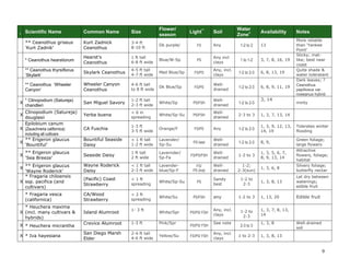 9 
I Scientific Name Common Name Size Flower/ season Light** Soil Water Zone+ Availability Notes 
** Ceanothus griseus 'Kurt Zadnik' 
Kurt Zadnick Ceanothus 
3-4 ft 
8-10 ft 
Dk purple/ 
FS 
Any 
1-2 to 2 
13 
More reliable than ‘Yankee Point’ 
* Ceanothus hearstiorum 
Hearst’s Ceanothus 
1 ft tall 
6-8 ft wide 
Blue/W-Sp 
PS 
Any incl clays 
1 to 1-2 
3, 7, 8, 16, 19 
Sticky; mat- like; best near coast 
** Ceanothus thyrsiflorus ‘Skylark’ 
Skylark Ceanothus 
4-5 ft tall 
4-7 ft wide 
Med Blue/Sp 
FS/PS 
Any, incl. clays 
1-2 to 2-3 
6, 8, 13, 19 
Quite shade & water toleratant 
** Ceanothus ‘Wheeler Canyon’ 
Wheeler Canyon Ceanothus 
4-6 ft tall 
to 8 ft wide 
Dk Blue/Sp 
FS/PS 
Well- drained 
1-2 to 2-3 
6, 8, 9, 11, 19 
Dark leaves; ? Ceanothus papillosus var. roweanus hybrid 
X 
* Clinopodium (Satureja) chandleri 
San Miguel Savory 
1-2 ft tall 
2-3 ft wide 
White/Sp 
PS/FSH 
Well- drained 
1-2 to 2-3 
3, 14 
minty 
X 
Clinopodium (Satureja) douglasii 
Yerba buena 
< 6 in 
spreading 
White/Sp-Su 
PS/FSH 
Well- drained 
2-3 to 3 
1, 3, 7, 13, 14 
X 
Epilobium canum (Zauschneria californica) including all cultivars 
CA Fuschia 
1-3 ft 
3-5 ft wide 
Orange/F 
FS/PS 
Any 
1-2 to 2-3 
1, 3, 9, 12, 13, 14, 19 
Tolerates winter flooding 
X 
** Erigeron glaucus ‘Bountiful’ 
Bountiful Seaside Daisy 
< 1 ft tall 
1-2 ft wide 
Lavender/ 
Sp-Su 
PS best 
Well- drained 
1-2 to 2-3 
8, 9, 
Green foliage; large flowers 
X 
** Erigeron glaucus ‘Sea Breeze’ 
Seaside Daisy 
1 ft tall 
2 ft wide 
Lavernder/ 
Sp-Fa 
FS/PS/FSH 
Well- drained 
1-2 to 3 
1, 3, 5, 6, 7, 8, 9, 13, 14 
Attractive flowers, foliage; habitat 
X 
** Erigeron glaucus 'Wayne Roderick' 
Wayne Roderick Daisy 
< 1 ft tall 
2-3 ft wide 
Lavender- blue/Sp-F 
FS/ 
PS (hot) 
Well- drained 
1-2; 
2-3(sun) 
1, 3, 6, 8 
Silvery foliage; butterfly nectar 
X 
* Fragaria chiloensis ssp. pacifica (and cultivars) 
(Pacific) Coast Strawberry 
< 1 ft 
spreading 
White/Sp-Su 
PS 
Sandy best 
1-2 to 
2-3 
1, 3, 8, 13 
Let dry between waterings; edible fruit 
* Fragaria vesca (californica) 
CA/Wood Strawberry 
< 2 ft 
spreading 
White/Su 
PS/FSH 
any 
1-2 to 3 
1, 13, 20 
Edible fruit 
X 
* Heuchera maxima (incl. many cultivars & hybrids) 
Island Alumroot 
1- 3 ft 
White/Spr 
PS/PS/ FSH 
Any, incl. clays 
1-2 to 
2-3 
1, 3, 7, 8, 13, 14 
X 
* Heuchera micrantha 
Crevice Alumroot 
1-3 ft 
Pink/Spr 
PS/PS/ FSH 
See note 
2-3 to 3 
1, 3, 8 
Well-drained soil 
X 
* Iva hayesiana 
San Diego Marsh Elder 
2-4 ft tall 
4-6 ft wide 
Yellow/Su 
FS/PS/ FSH 
Any, incl. clays 
1 to 2-3 
1, 3, 8, 13 
 