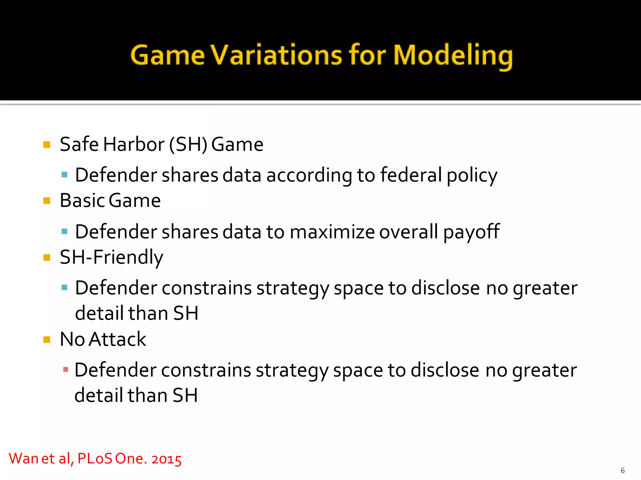  Safe Harbor (SH)Game
Defender shares data according to federal policy
BasicGame
Defender shares data to maximize overall payoff
SH-Friendly
Defender constrains strategy space to disclose no greater
detail than SH
NoAttack
▪ Defender constrains strategy space to disclose no greater
detail than SH
6
Wanet al, PLoSOne. 2015