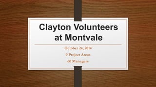 Clayton Volunteers 
at Montvale 
October 24, 2014 
9 Project Areas 
60 Managers 
 
