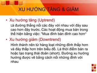 XU HƢỚNG TĂNG & GIẢM

• Xu hƣớng tăng (Uptrend)
  Là đƣờng thẳng nối các đáy với nhau với đáy sau
  cao hơn đáy trƣớc. Các hoạt động mua bán trong
  thể hiện bằng việc: "Mua đỉnh bán đỉnh cao hơn”
• Xu hƣớng giảm (Downtrend)
  Hình thành nên từ hàng loạt những đỉnh thấp hơn
  và đáy thấp hơn trên biểu đồ. Là thời điểm bán ra
  hoặc tạo trạng thái đoản (short). Đƣờng xu hƣớng
  hƣớng đƣợc vẽ bằng cách nối những đỉnh với
  nhau
 