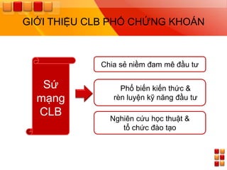 GIỚI THIỆU CLB PHỐ CHỨNG KHOÁN



            Chia sẻ niềm đam mê đầu tƣ

   Sứ            Phổ biến kiến thức &
  mạng         rèn luyện kỹ năng đầu tƣ

  CLB         Nghiên cứu học thuật &
                 tổ chức đào tạo
 