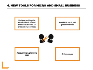 4. NEW TOOLS FOR MICRO AND SMALL BUSINESS
Access to local and
global market
E-Commerce
Understanding the
needs of micro and
small businesses to
create new services
Accounting & planning
apps
 