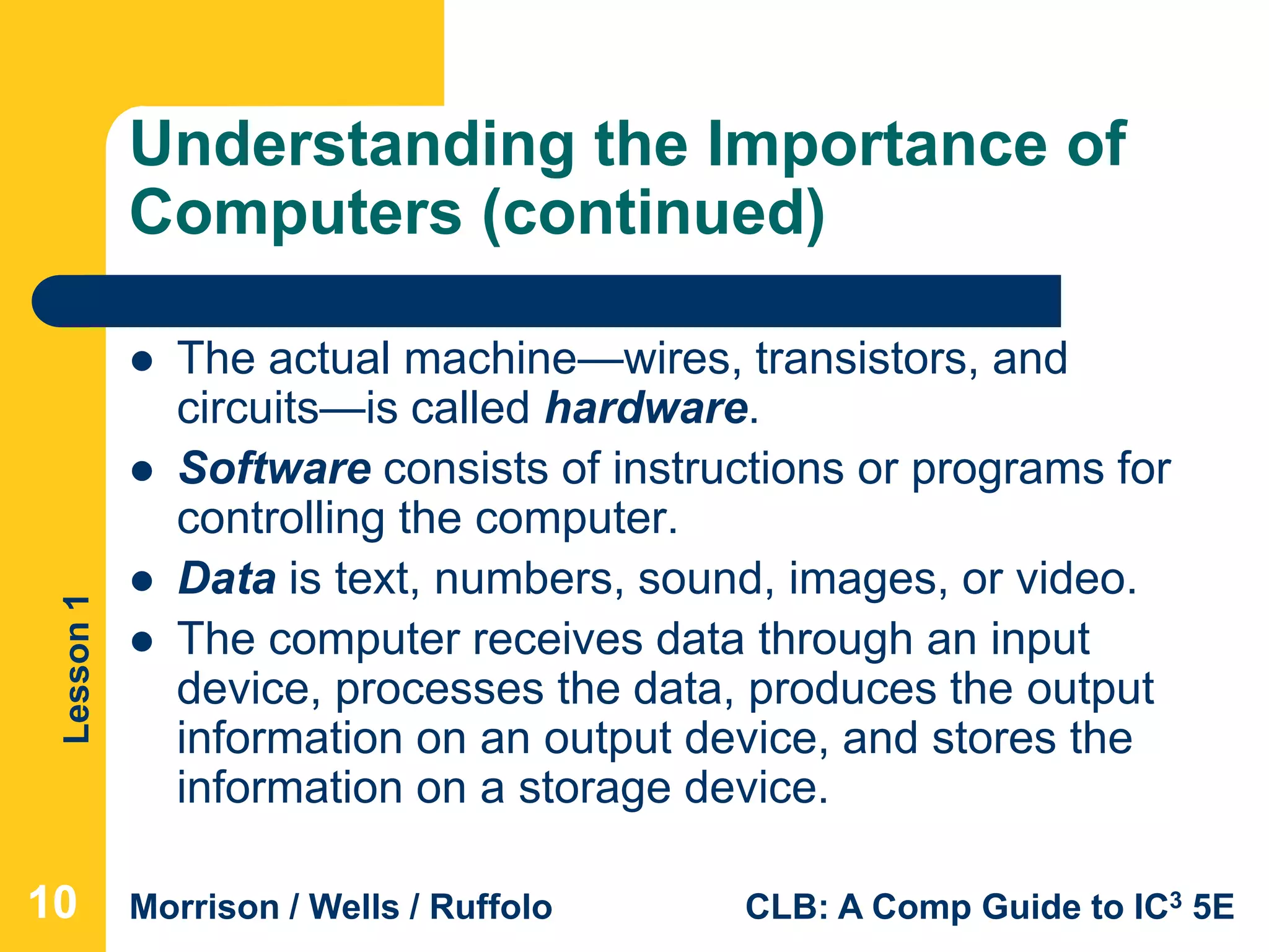 Lesson1
Morrison / Wells / Ruffolo CLB: A Comp Guide to IC3 5E
Understanding the Importance of
Computers (continued)
 The actual machine—wires, transistors, and
circuits—is called hardware.
 Software consists of instructions or programs for
controlling the computer.
 Data is text, numbers, sound, images, or video.
 The computer receives data through an input
device, processes the data, produces the output
information on an output device, and stores the
information on a storage device.
101010
 