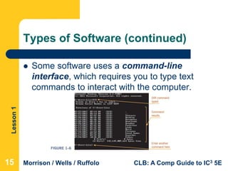 Lesson1
Morrison / Wells / Ruffolo CLB: A Comp Guide to IC3 5E
Types of Software (continued)
 Some software uses a command-line
interface, which requires you to type text
commands to interact with the computer.
15
 