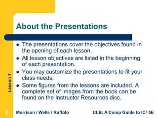 Lesson1
Morrison / Wells / Ruffolo CLB: A Comp Guide to IC3 5E
About the Presentations
 The presentations cover the objectives found in
the opening of each lesson.
 All lesson objectives are listed in the beginning
of each presentation.
 You may customize the presentations to fit your
class needs.
 Some figures from the lessons are included. A
complete set of images from the book can be
found on the Instructor Resources disc.
2
 