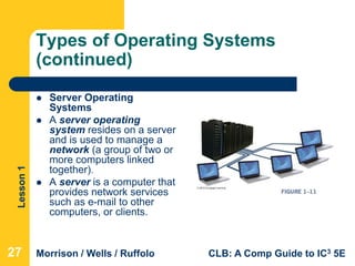 Lesson1
Morrison / Wells / Ruffolo CLB: A Comp Guide to IC3 5E
Types of Operating Systems
(continued)
 Server Operating
Systems
 A server operating
system resides on a server
and is used to manage a
network (a group of two or
more computers linked
together).
 A server is a computer that
provides network services
such as e-mail to other
computers, or clients.
27
 