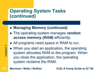 Lesson1
Morrison / Wells / Ruffolo CLB: A Comp Guide to IC3 5E
Operating System Tasks
(continued)
 Managing Memory (continued)
 The operating system manages random
access memory (RAM) efficiently.
 All programs need space in RAM to run.
 When you start an application, the operating
system allocates RAM to the program. When
you close the application, the operating
system reclaims the RAM.
33
 