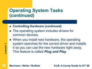 Lesson1
Morrison / Wells / Ruffolo CLB: A Comp Guide to IC3 5E
Operating System Tasks
(continued)
 Controlling Hardware (continued)
 The operating system includes drivers for
common devices.
 When you install new hardware, the operating
system searches for the correct driver and installs
it so you can use the new hardware right away.
This feature is called Plug and Play.
38
 