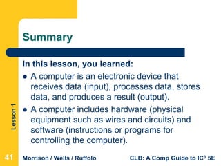 Lesson1
Morrison / Wells / Ruffolo CLB: A Comp Guide to IC3 5E
Summary
In this lesson, you learned:
 A computer is an electronic device that
receives data (input), processes data, stores
data, and produces a result (output).
 A computer includes hardware (physical
equipment such as wires and circuits) and
software (instructions or programs for
controlling the computer).
414141
 