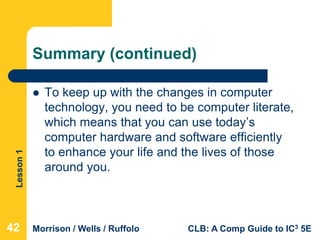 Lesson1
Morrison / Wells / Ruffolo CLB: A Comp Guide to IC3 5E
Summary (continued)
 To keep up with the changes in computer
technology, you need to be computer literate,
which means that you can use today’s
computer hardware and software efficiently
to enhance your life and the lives of those
around you.
424242
 