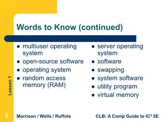Lesson1
Morrison / Wells / Ruffolo CLB: A Comp Guide to IC3 5E
Words to Know (continued)
 multiuser operating
system
 open-source software
 operating system
 random access
memory (RAM)
5
 server operating
system
 software
 swapping
 system software
 utility program
 virtual memory
 