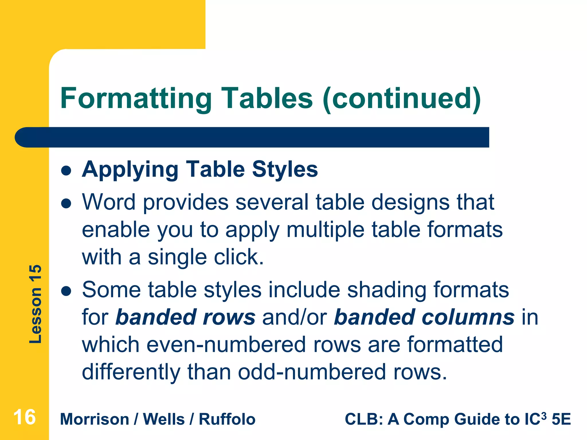 Lesson15
Morrison / Wells / Ruffolo CLB: A Comp Guide to IC3 5E
Formatting Tables (continued)
 Applying Table Styles
 Word provides several table designs that
enable you to apply multiple table formats
with a single click.
 Some table styles include shading formats
for banded rows and/or banded columns in
which even-numbered rows are formatted
differently than odd-numbered rows.
161616
 