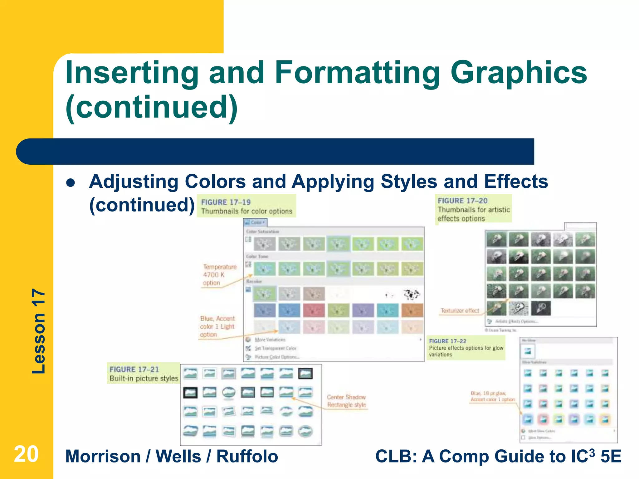 Lesson17
Morrison / Wells / Ruffolo CLB: A Comp Guide to IC3 5E
Inserting and Formatting Graphics
(continued)
20
 Adjusting Colors and Applying Styles and Effects
(continued)
 
