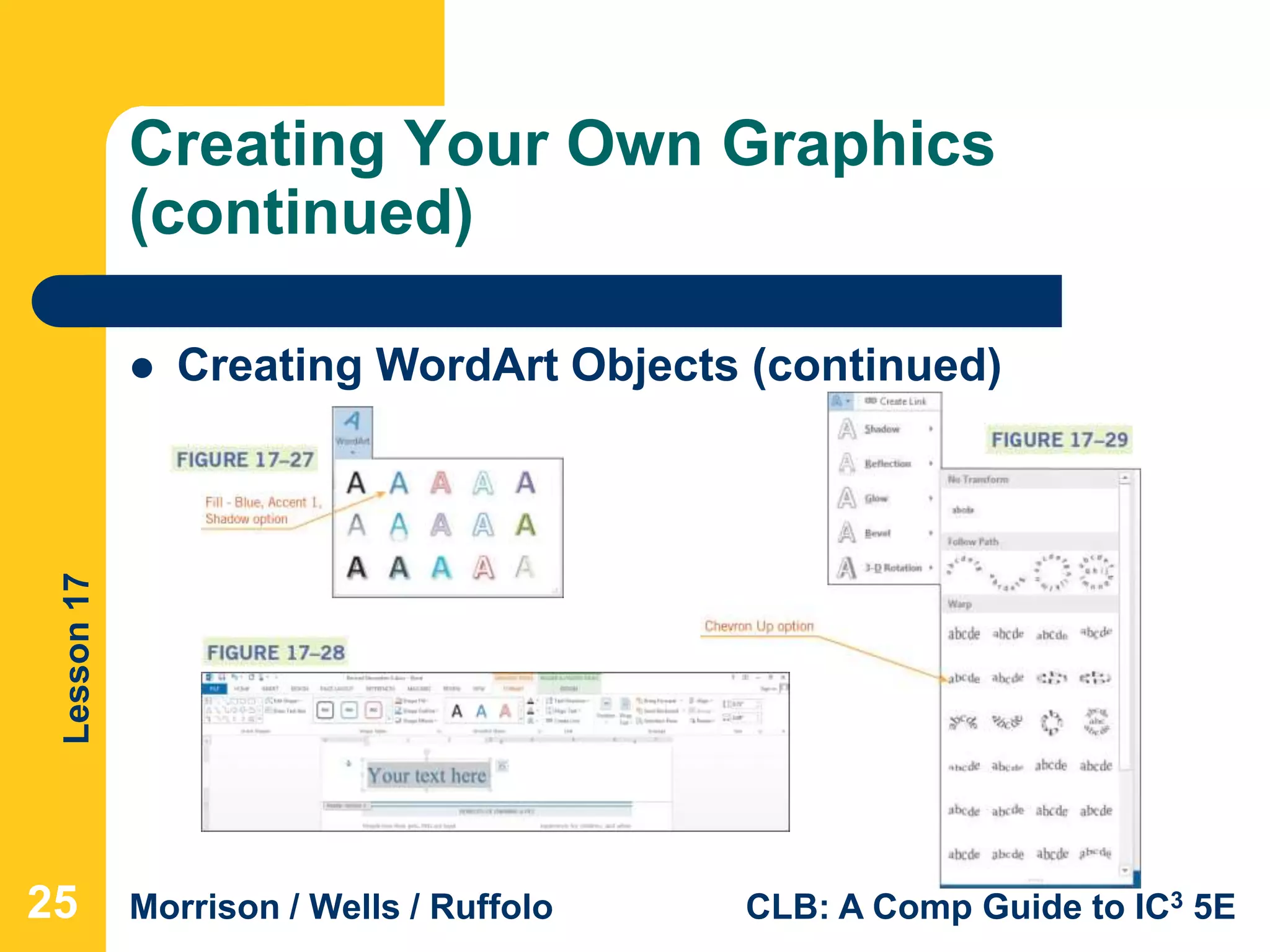 Lesson17
Morrison / Wells / Ruffolo CLB: A Comp Guide to IC3 5E
Creating Your Own Graphics
(continued)
25
 Creating WordArt Objects (continued)
 