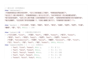 // 劇本比對：使用格變語法
char *sentences[] =
{"約翰與瑪莉是大學的同班同學", "在大三時約翰愛上了瑪莉", "畢業後他們就結婚了",
"並且生了一個小男孩麥克", "約翰畢業後進入一家大公司工作", "由於表現良好，所以被拔擢為經理",
"妮可是他的秘書", "由於工作上朝夕相處，以致約翰與妮可日久生情", "當瑪莉發現約翰與妮可的外遇事件後",
"她決定離婚", "並且取得了麥克的監護權。", "而兩人離婚之後不久", "約翰與妮可就結婚了。"};


char *words[] = {"日久生情", "約翰", "瑪莉", "妮可", "麥克", "結婚", "他們", "他們", "外遇",
"離婚", "愛", "生", NULL}; // 詞典


char *isList[][2]   // 詞彙與標記的關係串列
= {{"日久生情", "love"},   {"約翰", "man"}, {"瑪莉", "woman"}, {"妮可", "woman"},
  {"麥克", "man"}, {"麥克", "baby"}, {"他們", "man"}, {"他們", "woman"},
  {"外遇", "extramarital"}, {"結婚", "marry"}, {"離婚", "divorce"}, {"愛", "love"},
  {"生", "born"}, {"他", "man"}, {"她", "woman"}, {NULL, NULL}};
char *cases[][SLOTS] = { // case (格變語法)
      { "man", "love", "woman", NULL },     // 男人 愛 女人
      { "man", "date", "woman", NULL},      // 男人 女人 交往
      { "man", "marry", "woman", NULL},     // 男人 女人 結婚
      { "man", "sex", "woman", NULL},       // 男人 女人 交配
      { "woman", "born", "baby", NULL},     // 女人 生 小孩
 